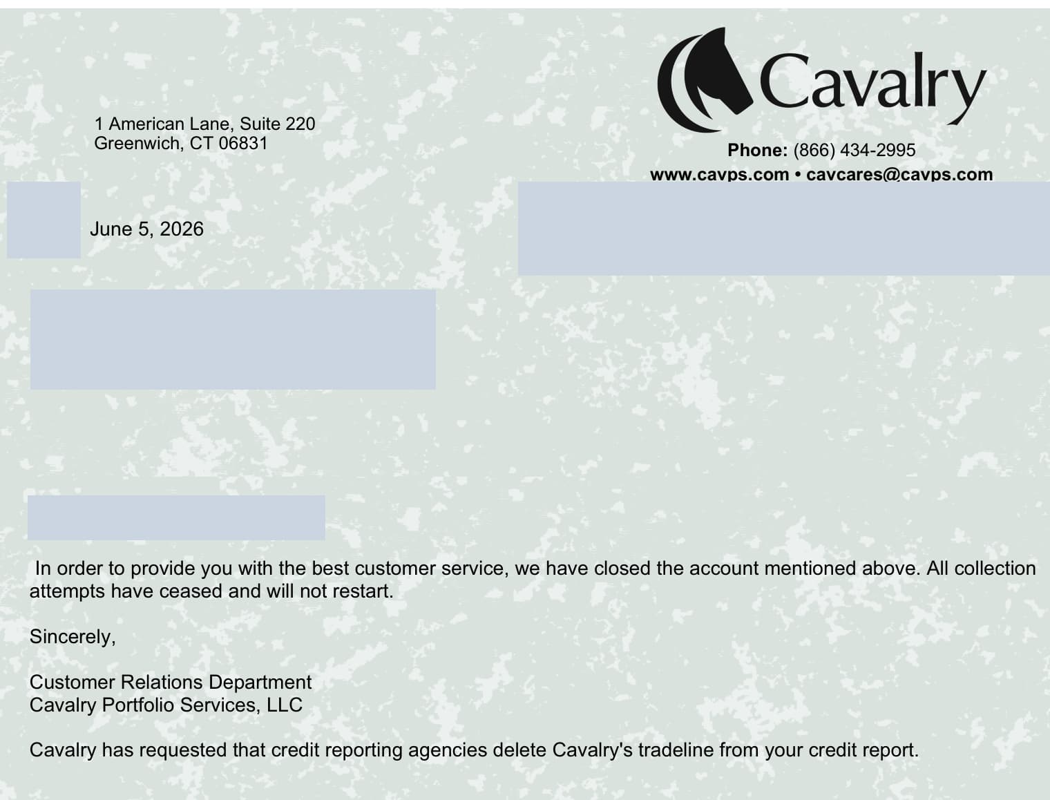 Extracto de la carta de Cavalry del 5 de junio de 2026: cierre de cuenta, cese de cobro y solicitud de eliminación. Datos del titular ocultos.