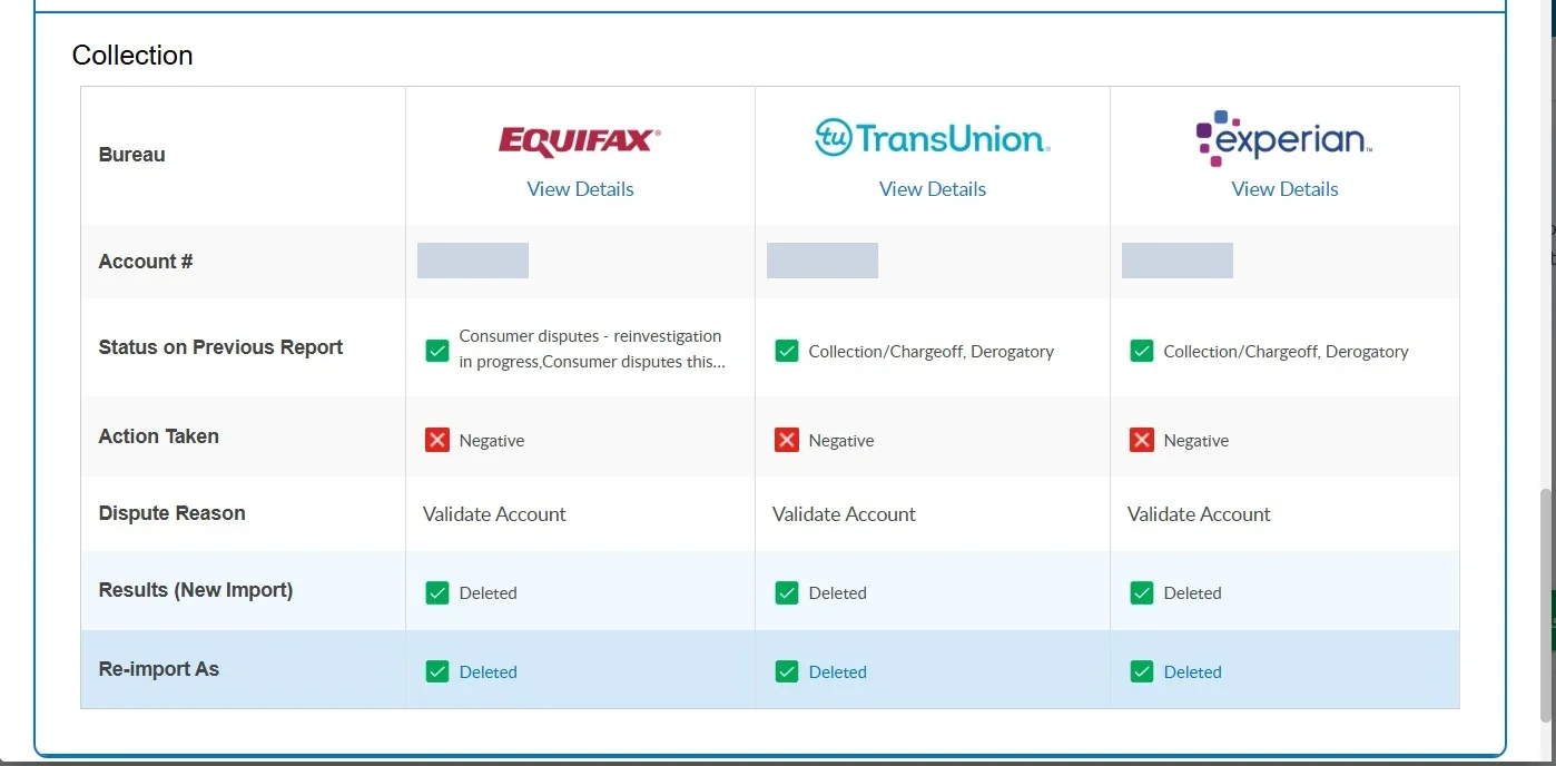 Detalle de una cuenta en colección con estatus de eliminación en Equifax, TransUnion y Experian.
